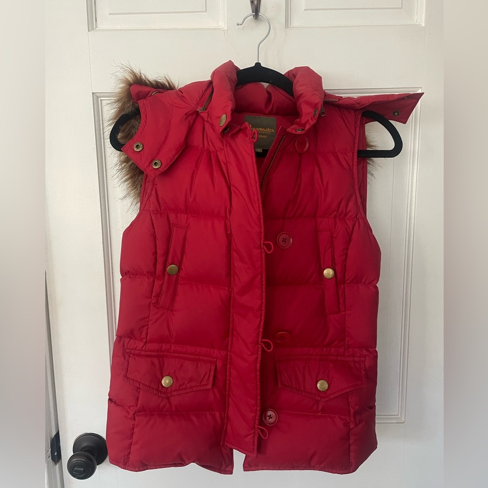 Red Down Puffer Vest with Removable Hood Size Small